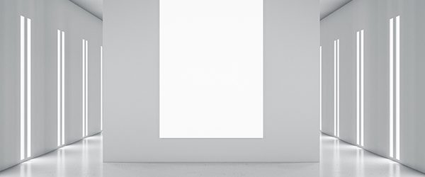 Blank white poster on light grey partition in styliesh empty room in grey shades and led lights on walls. 3D rendering, mock up